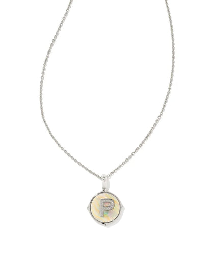 Letter P Silver Disc Reversible Pendant Necklace in Iridescent Abalone