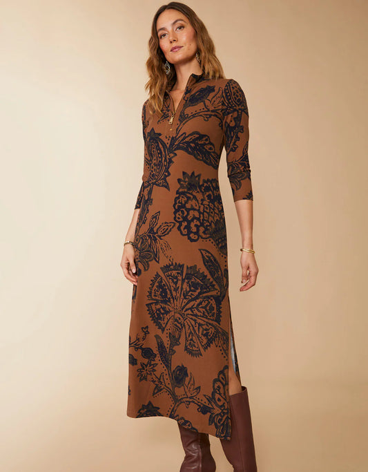 Nora Half-Zip Midi Dress Botanic Garden - Brown Woodblock Jacobean SPARTINA Womens Apparel spartina-womens-apparel-clothing-fall-fashion-maryland-boutique-102