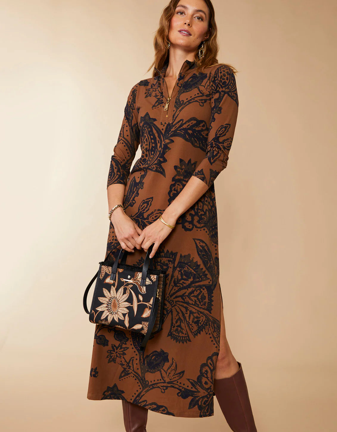 Nora Half-Zip Midi Dress Botanic Garden - Brown Woodblock Jacobean SPARTINA Womens Apparel spartina-womens-apparel-clothing-fall-fashion-maryland-boutique-107