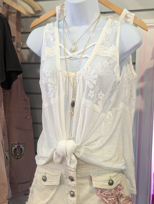 U Neck Sleeveless Top With Lace - Off White