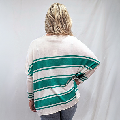 Catalina V-Neck Sweater - White/Jade Stripe