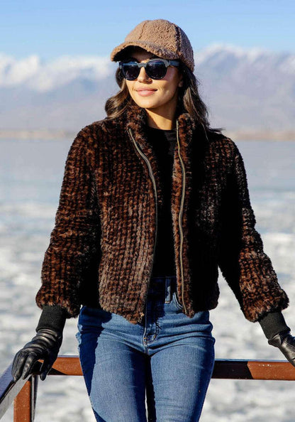Whiskey Faux Fur 5th Ave Knitted Bomber Jacket