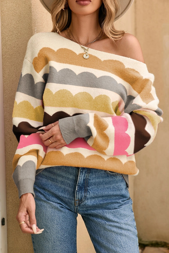 Wave Striped Balloon Sleeve Drop Shoulder Sweater - Yellow Little Daisy Closet Womens Apparel womens-winter-sweater-clothing-apparel-hshop-boutique-maryland