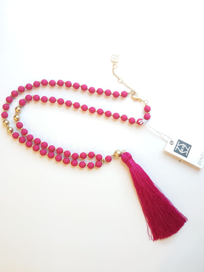 HOT PINK BEADED TASSEL NECKLACE