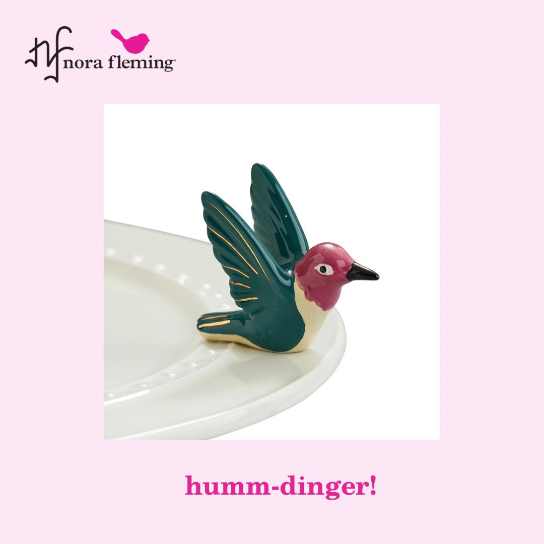 A274 Humm-Dinger mini by Nora Fleming. Green, purple and white hummingbird with gold accents. Shop The Painted Cottage in Edgewater, MD.