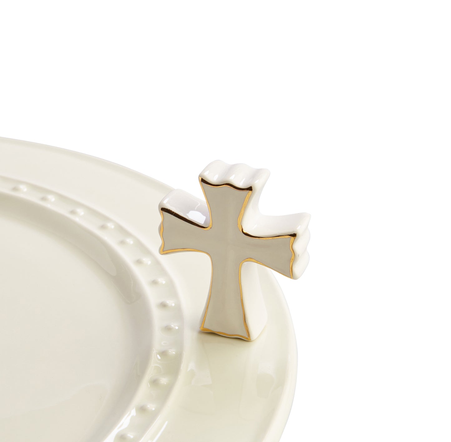 Nora Fleming White Cross mini with gold accent. Shop at The Painted Cottage in Edgewater, MD.