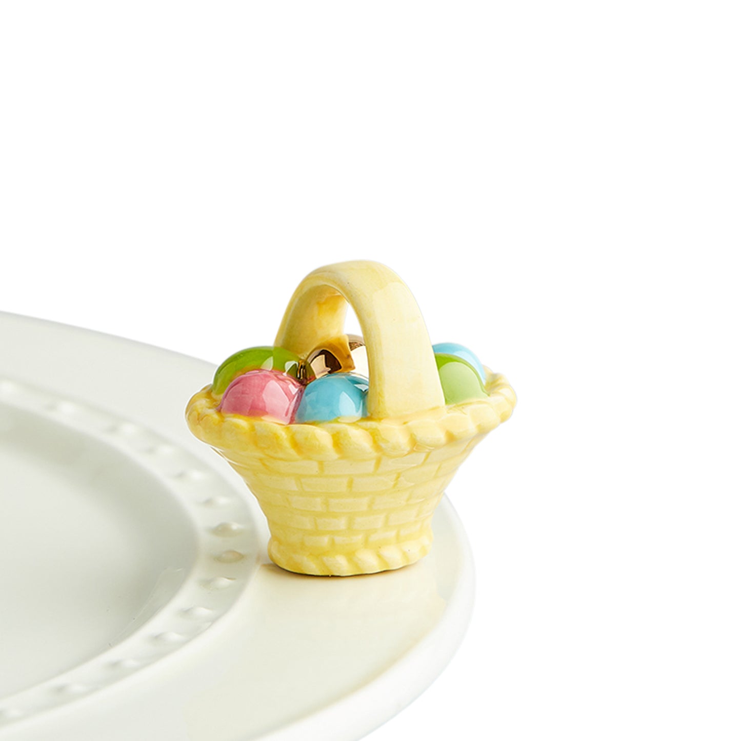 A214 Nora Fleming A Tisket A Tasket Easter Basket mini features yellow basket filled with multi-colored eggs. Shop at The Painted Cottage in Edgewater, MD.