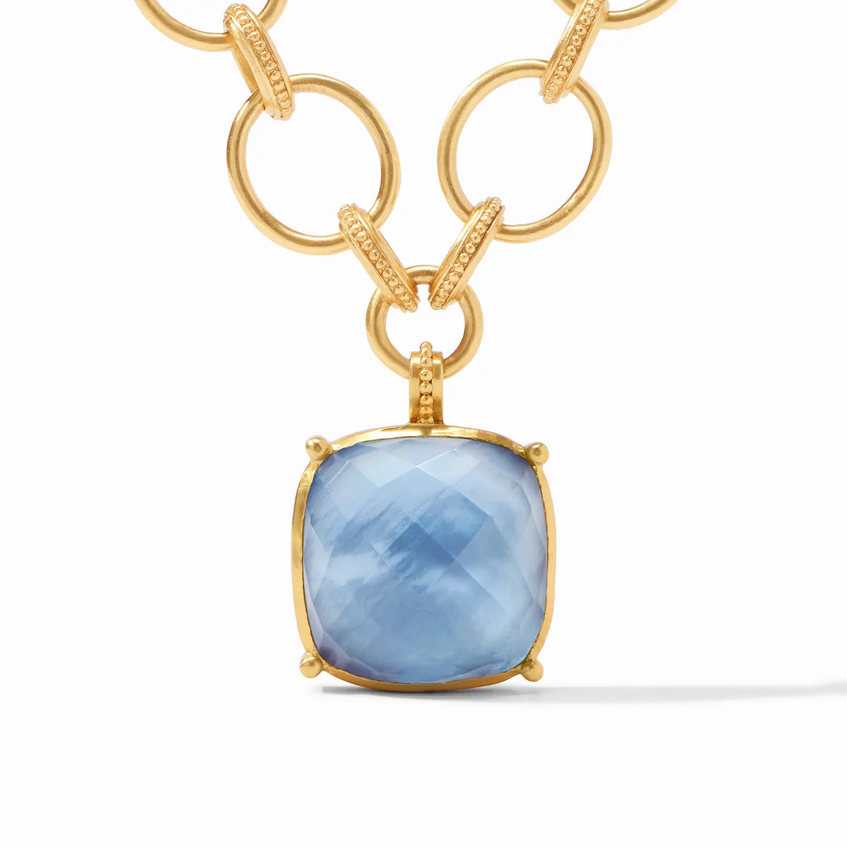 Antonia Statement Necklace Iridescent Chalcedony Blue by Julie Vos features square cut pendant in iridescent blue anchoring elegant chain measuring 19.5 inch length, 24K gold plate. Shop at The Painted Cottage an Annapolis boutique. 