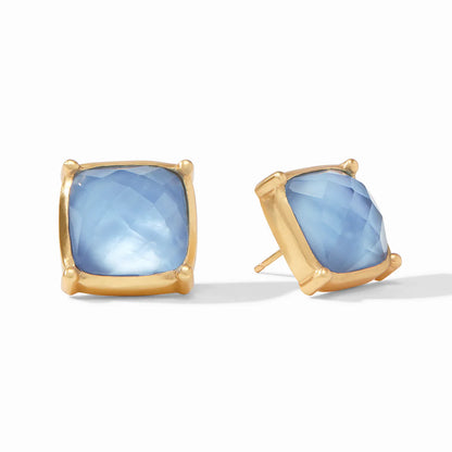 Antonia Statement Stud Iridescent Chalcedony Blue by Julie Vos features brilliant square cut stones measuring .65 inches, in 24K gold plate. Shop at The Painted Cottage in Edgewater, MD.