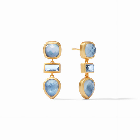Antonia Tier Earring Iridescent Chalcedony Blue by Julie Vos. 1.3 inch length 24K gold plate. Shop at The Painted Cottage in Edgewater MD.