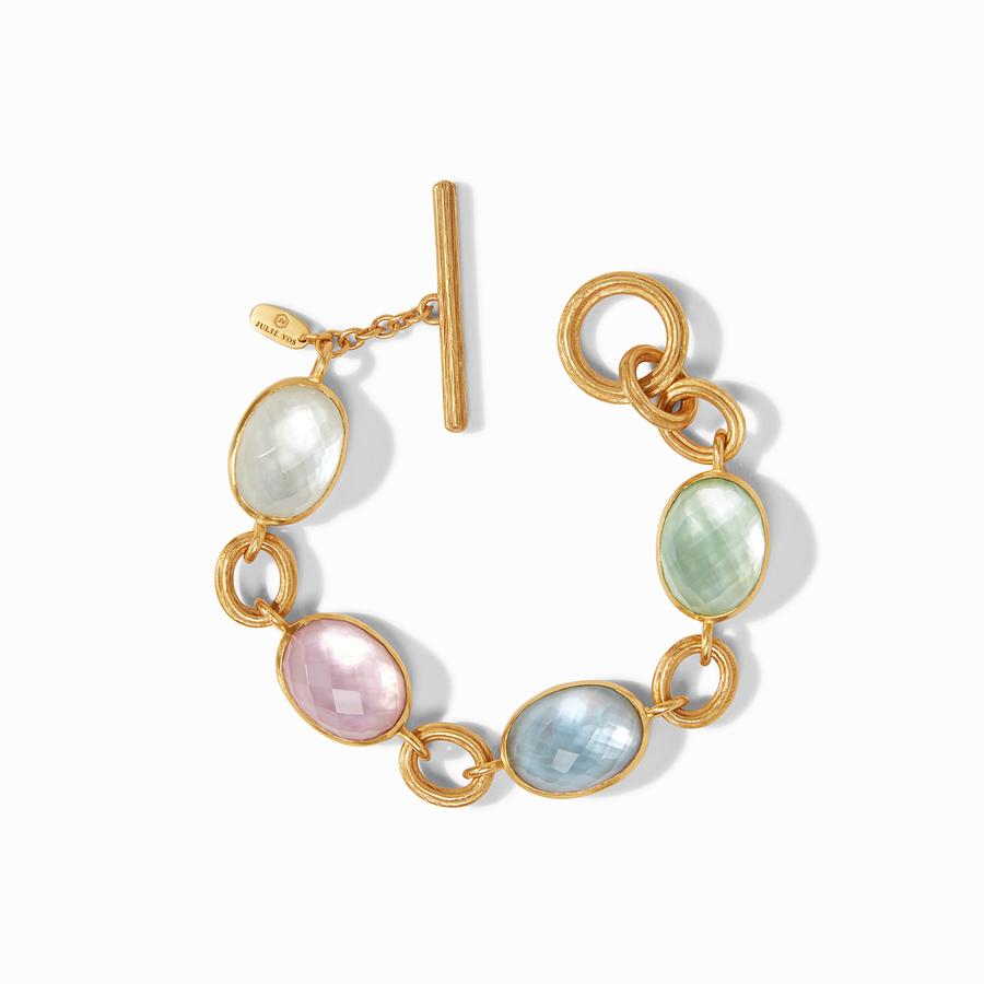 Barcelona Bracelet - Bahamian Blue by Julie Vos features four rose cut gemstones of imported glass and gold links, toggle closure. 24K gold plate 7.5 - 8 inch length. Shop at The Painted Cottage in Edgewater, MD.