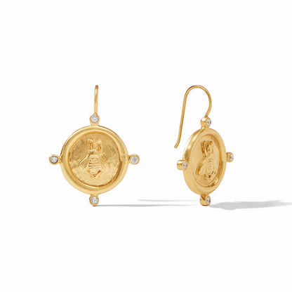 Bee Cameo Earring by Julie Vos. Signature bee as a molded cameo surrounded by four tiny cubic zirconia. 1.4 inches 24K gold plate. Shop at The Painted Cottage in Edgewater, MD.