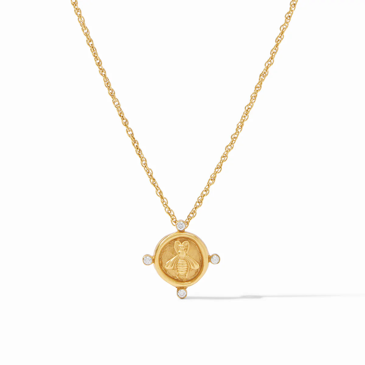 Bee Cameo Solitaire Necklace features our signature bee as a molded cameo surrounded by four tiny cubic zirconia. 16.5-17.5 inches 24K gold plate. Shop at The Painted Cottage in Edgewater, MD.