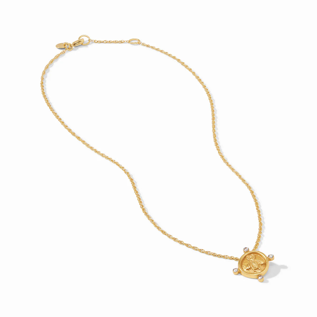Bee Cameo Solitaire Necklace features our signature bee as a molded cameo surrounded by four tiny cubic zirconia. 16.5-17.5 inches 24K gold plate. Shop at The Painted Cottage in Edgewater, MD.