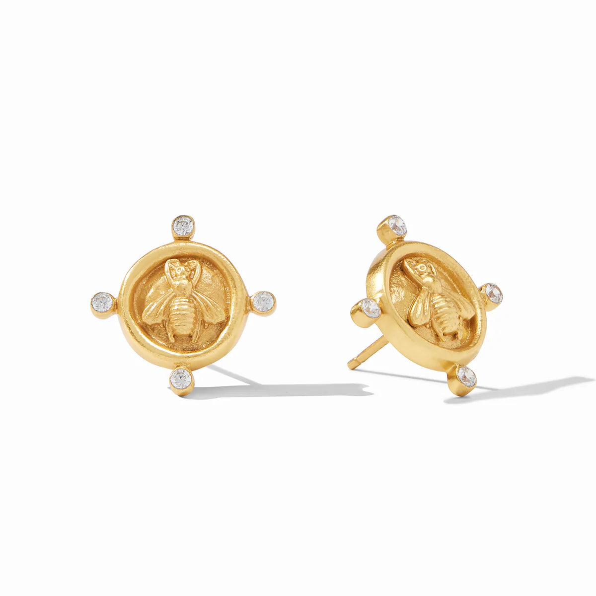 Bee Cameo Stud by Julie Vos. Design features gold bees skillfully carved and surrounded by 4 glittering CZ stones. Shop at The Painted Cottage in Edgewater, MD.