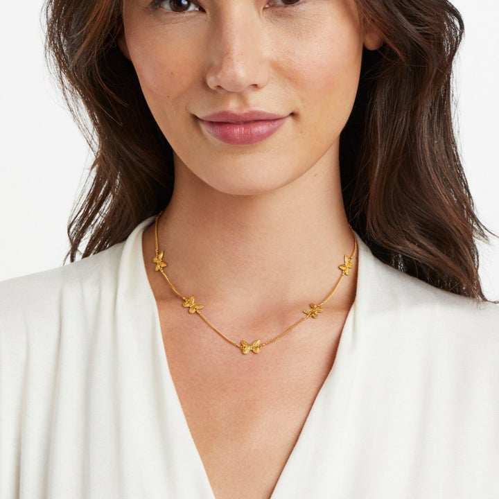 Butterfly Delicate Necklace by Julie Vos features delicate chain with whimsical butterflies. Adjustable length 16.5 - 17.5 inches 24K gold plate. Shop at The Painted Cottage in Edgewater, MD.