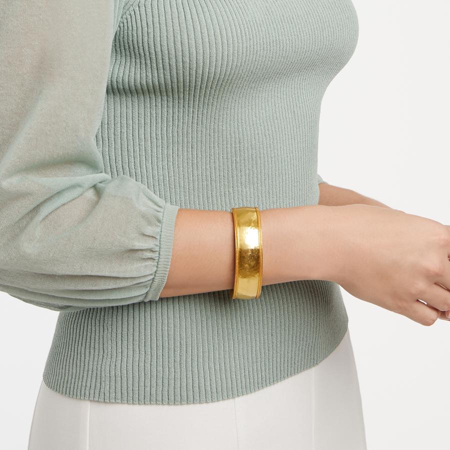 Cassis Statement Hinge Bangle by Julie Vos features gilded wide bangle with fine twisted wire detail.  24K gold plate. Shop at The Painted Cottage an Annapolis boutique.