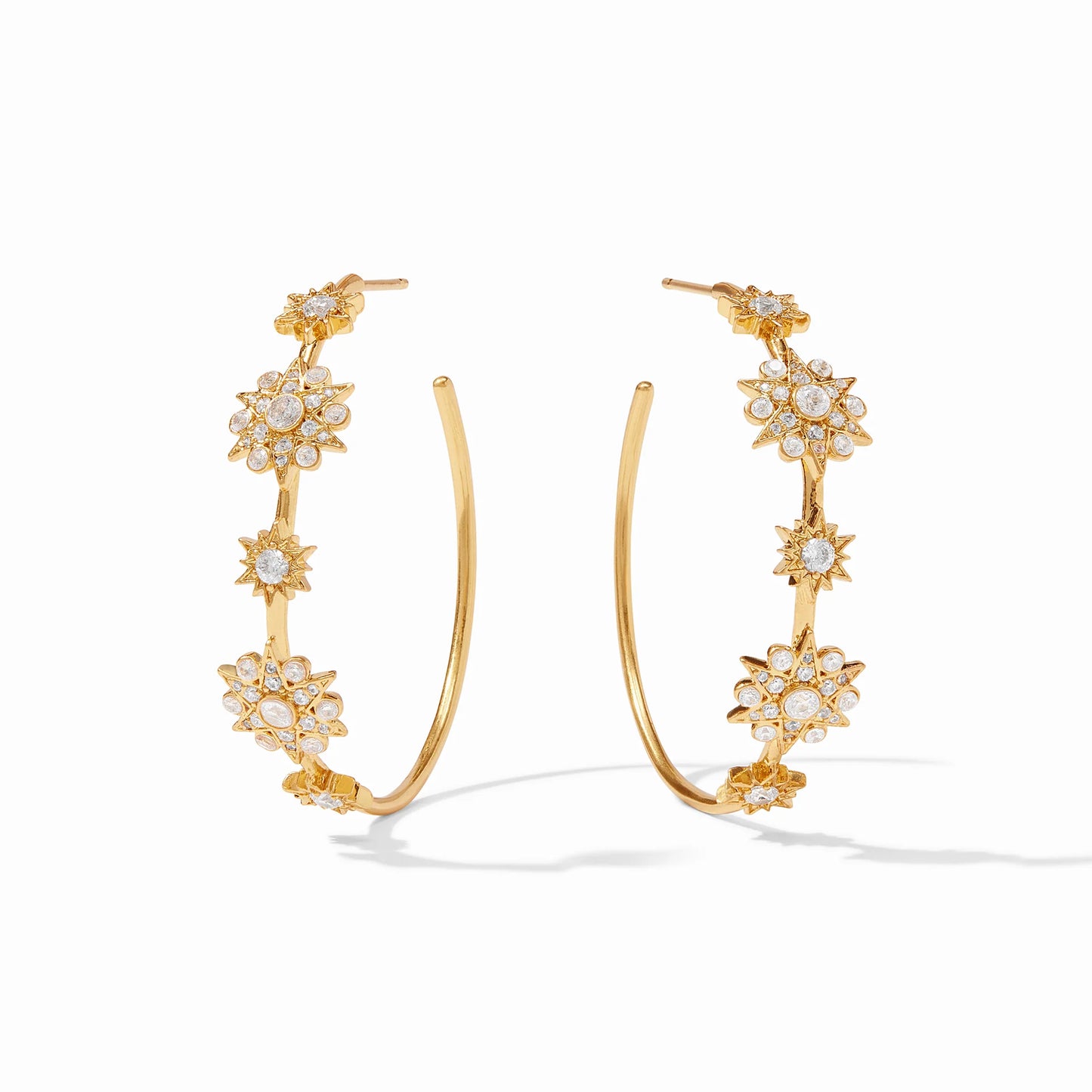 Celeste Hoop by Julie Vos features a constellation of cubic zirconia stars which dot outer ridge of slim hoops, Medium 1.2 inch diameter 24K gold plate. Shop at The Painted Cottage an Annapolis Boutique.