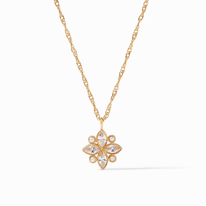 Charlotte Delicate Necklace by Julie Vos. Marquis cut CZ and delicate freshwater pearls in a cluster design suspended from a delicate chain. 16-17", 24K gold plate. Shop at The Painted Cottage in Edgewater, MD.