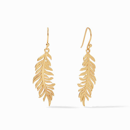 Fern Earring by Julie Vos. Finely carved fern earring suspended from a delicate ear wire for a subtle swing. 1.75 inch length 24k gold plate. Shop at The Painted Cottage in Edgewater, MD.