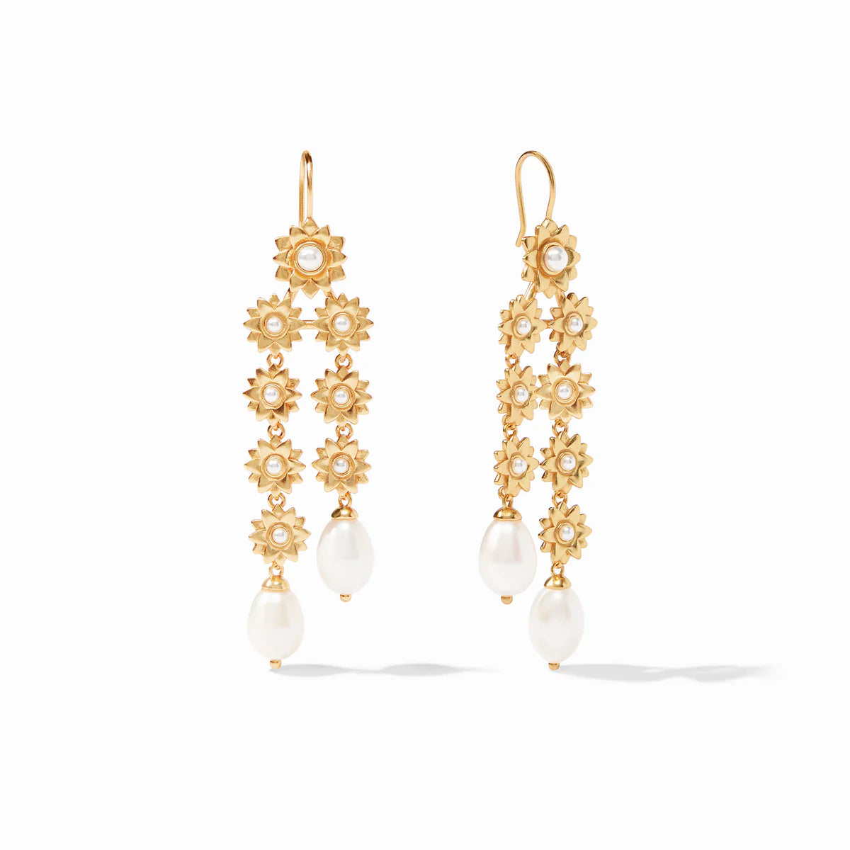 Flora Chandelier Earring by Julie Vos features a graceful gold dangle of florets, delicately finished with a pearl at the end. Length 2.65", 24K gold plate. Shop at The Painted Cottage an Annapolis boutique.