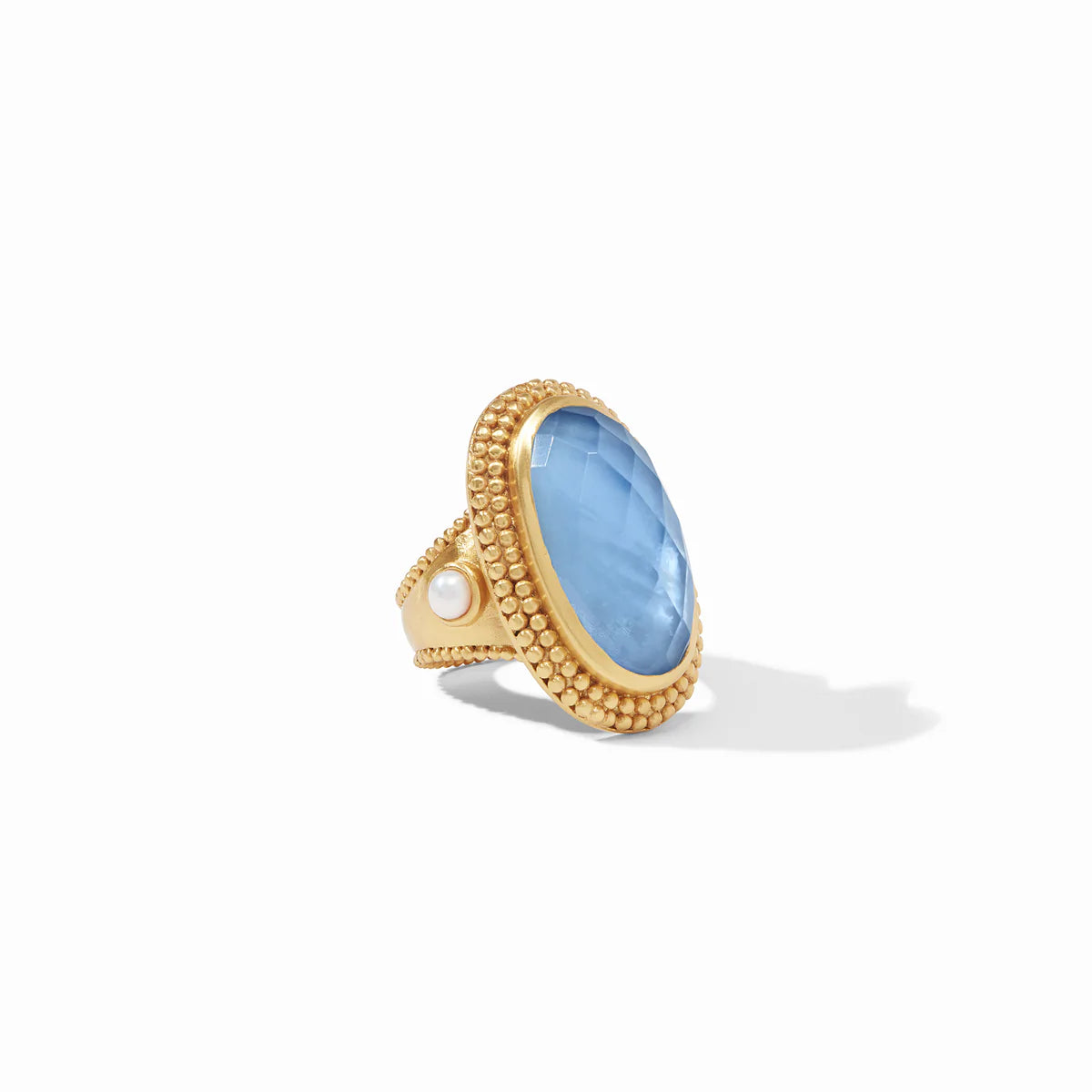 Flora Statement Ring Iridescent Chalcedony Blue by Julie Vos. 24K gold plate, glass doublet, freshwater pearl cabochons 1.25 inch length. Shop at The Painted Cottage in Edgewater, MD.