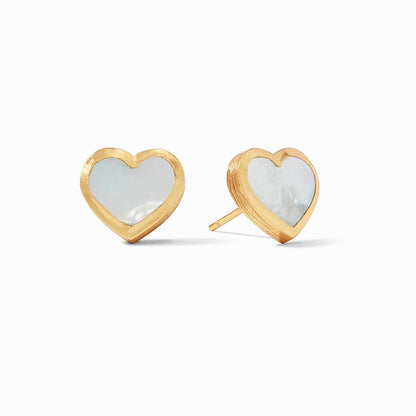 Heart Stud Gold by Julie Vos. Opulent mother of pearl hearts set in a lightly scored surround.  0.5 inch length 24K gold plate, mother of pearl. Shop at The Painted Cottage an Annapolis boutique.