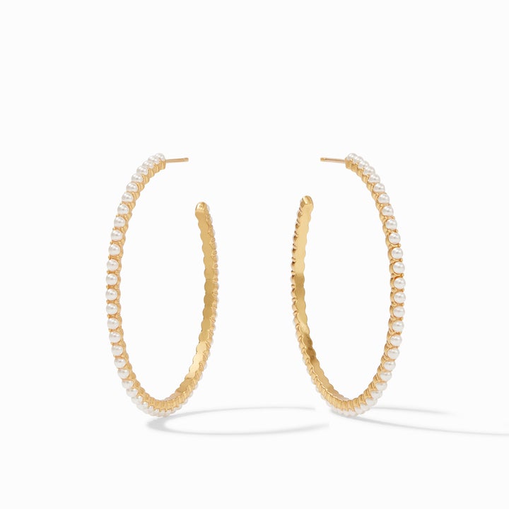 Juliet Hoop Gold Pearl Large by Julie Vos. Delicate pearl-accented hoops.  Large - 1.75 inches 24K gold plate. Shop at The Painted Cottage an Annapolis boutique.