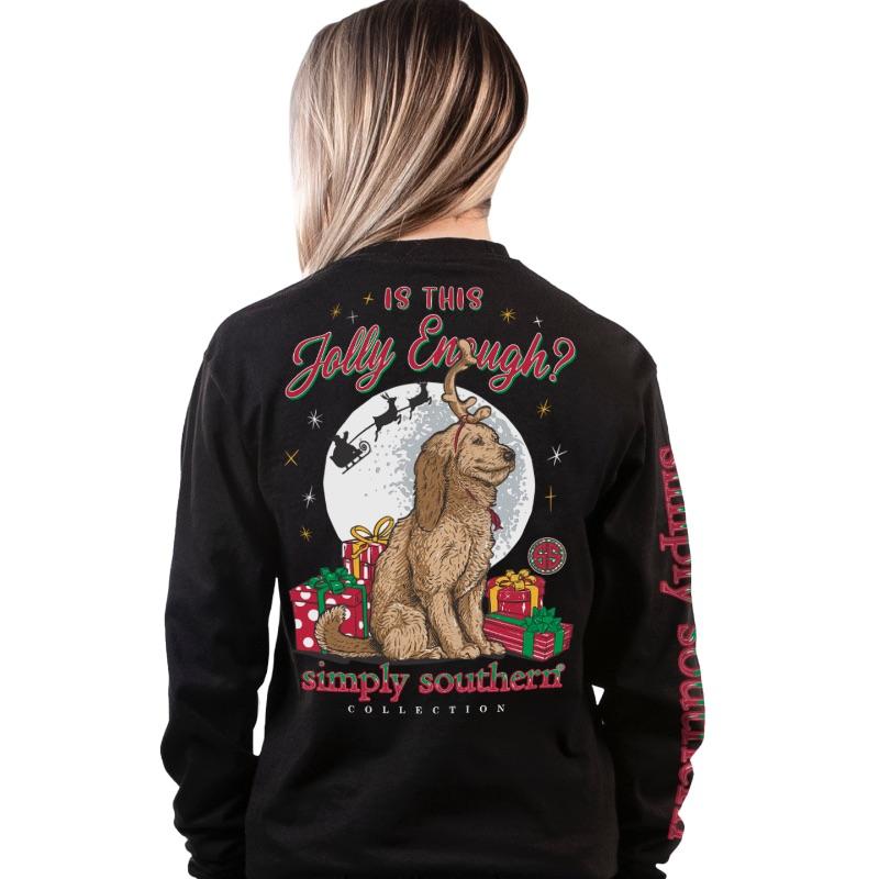 simply southern christmas long sleeve top funny jolly saying with cute dog and christmas scene on back