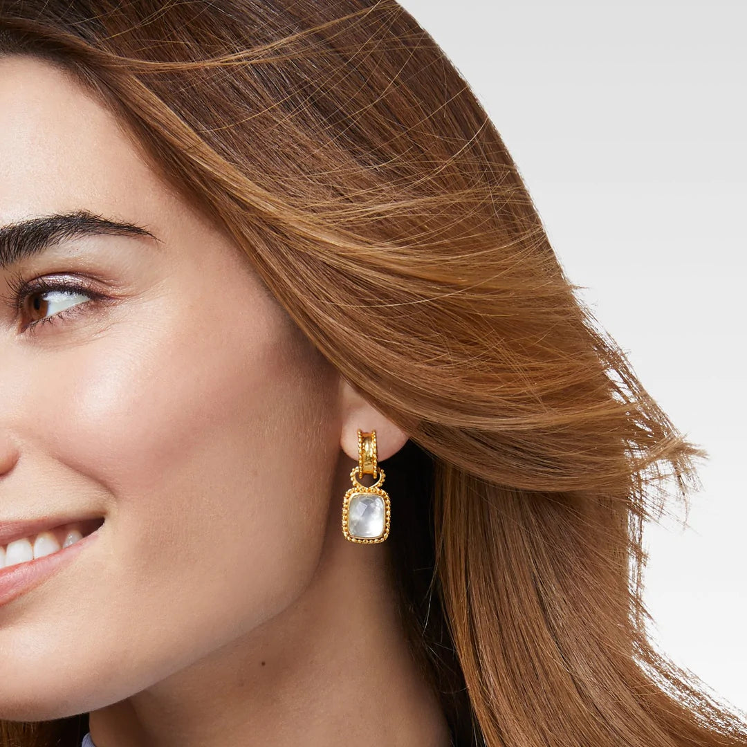 Marbella Hoop & Charm Earring Iridescent Clear Crystal by Julie Vos. Reversible charm features a mother of pearl doublet on one side, and a pearl-embellished gold plate floral design on the other, 1.25" length, 24K gold plate. Shop at The Painted Cottage an Annapolis boutique.
