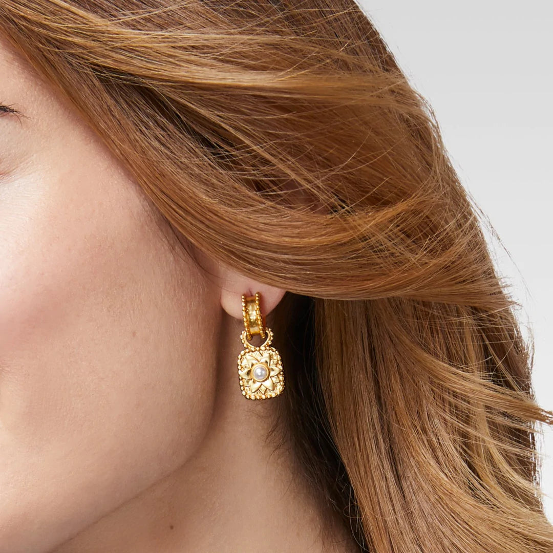 Marbella Hoop & Charm Earring Iridescent Clear Crystal by Julie Vos. Reversible charm features a mother of pearl doublet on one side, and a pearl-embellished gold plate floral design on the other, 1.25" length, 24K gold plate. Shop at The Painted Cottage an Annapolis boutique.