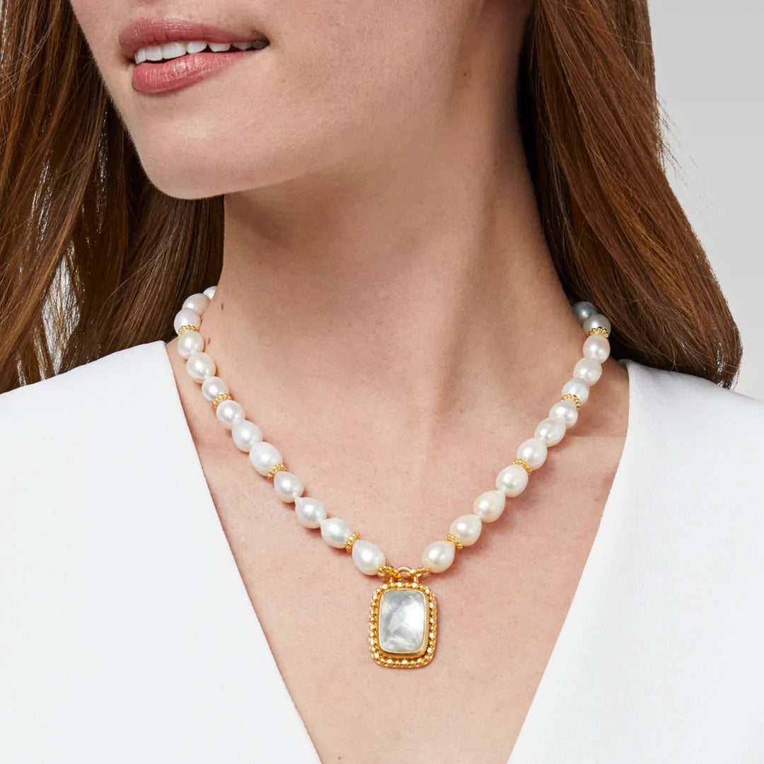 Marbella Statement Necklace Iridescent Clear Crystal by Julie Vos. Freshwater pearls accented with this lovely iridescent clear crystal pendant. Shop at The Painted Cottage an Annapolis boutique.
