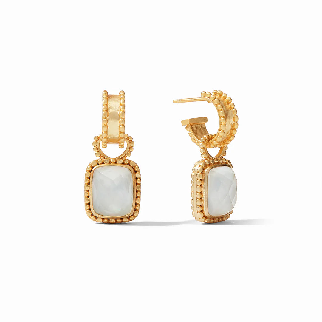 Marbella Hoop & Charm Earring Iridescent Clear Crystal by Julie Vos. Reversible charm features a mother of pearl doublet on one side, and a pearl-embellished gold plate floral design on the other, 1.25" length, 24K gold plate. Shop at The Painted Cottage an Annapolis boutique.