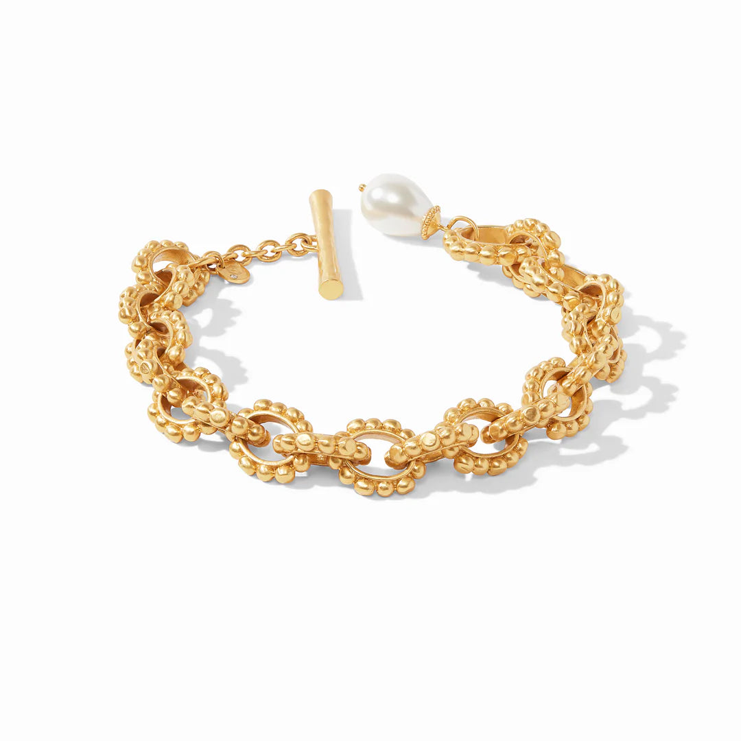 Marbella Link Bracelet by Julie Vos. Imperfect hand-wrought beading encircling each link and a single dangling shell pearl. Shop at The Painted Cottage an Annapolis boutique.