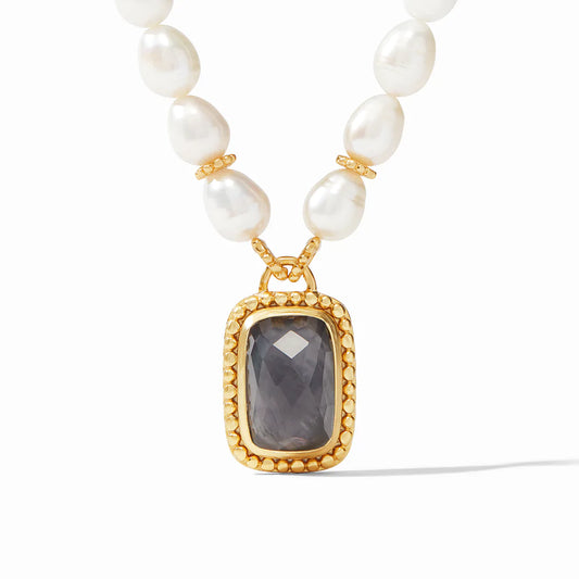 Marbella Statement Necklace Iridescent Blue by Julie Vos. Freshwater pearls accented with an iridescent charcoal blue crystal pendant. Shop at The Painted Cottage an Annapolis boutique.