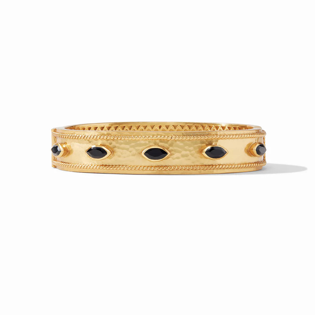 Monaco Hinge Bangle - Obsidian Black. Lightly hammered gold and marquise CZs. Diameter: 2.5", 24K gold plate. Shop at The Painted Cottage in Edgewater, MD.
