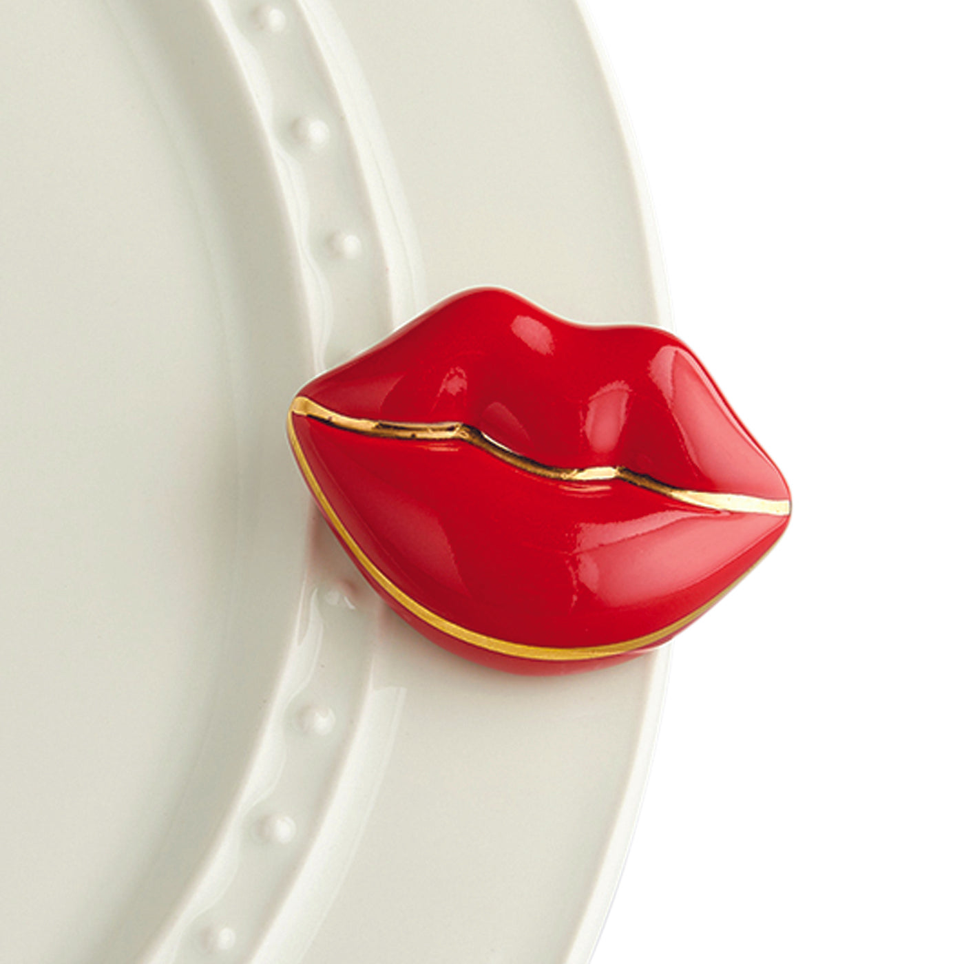 A249 Nora Fleming Smooches mini red lips with gold accents at The Painted Cottage in Edgewater MD. Celebrate Valentine’s Day, an anniversary, or love!