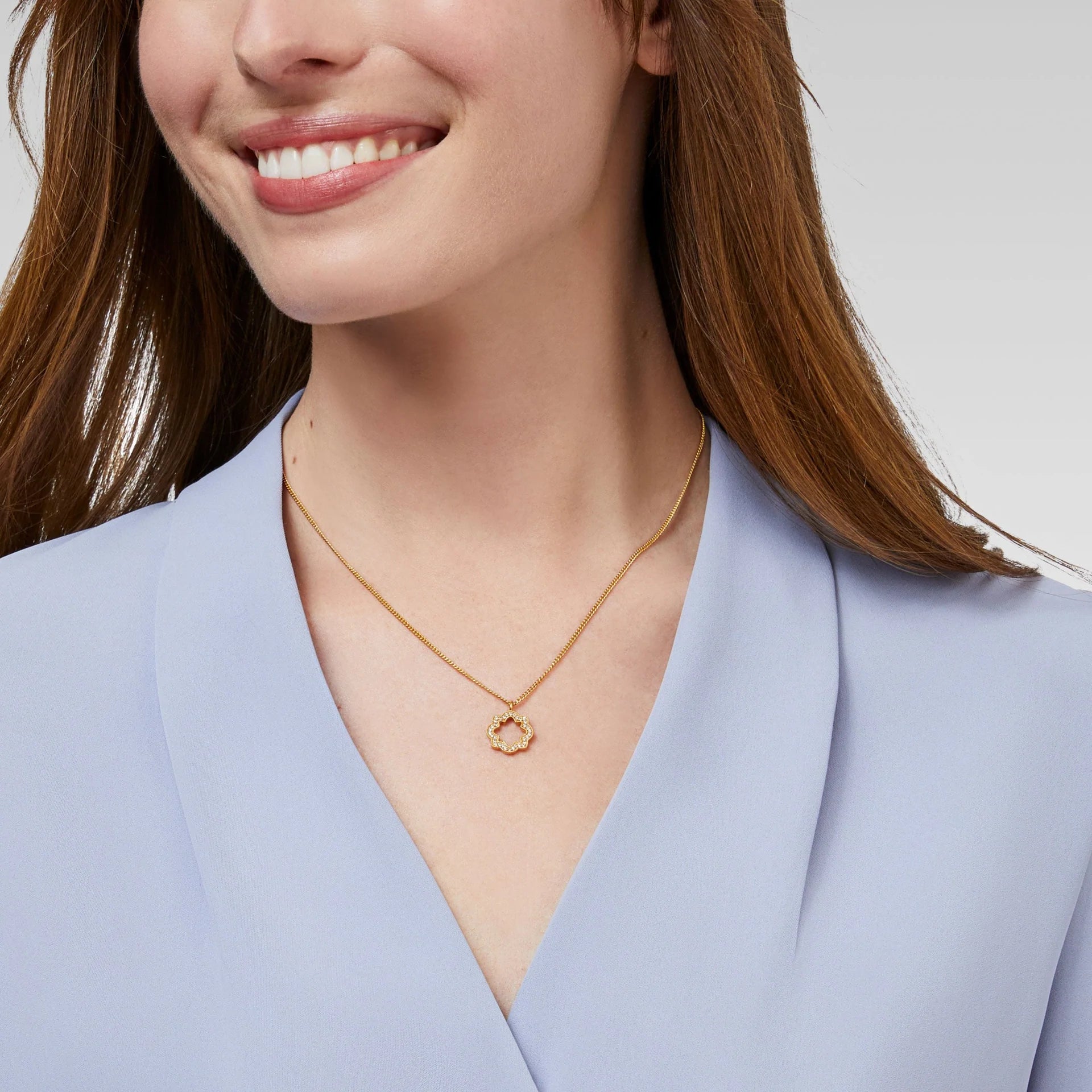Odette Solitaire Necklace by Julie Vos. Pavé classic quatrefoil shape with a bit of negative center space. 24K gold plate, cubic zirconia, measures 16.5-17.5 inch adjustable length. Charm measures 0.7 inch length. Shop at The Painted Cottage in Edgewater, MD