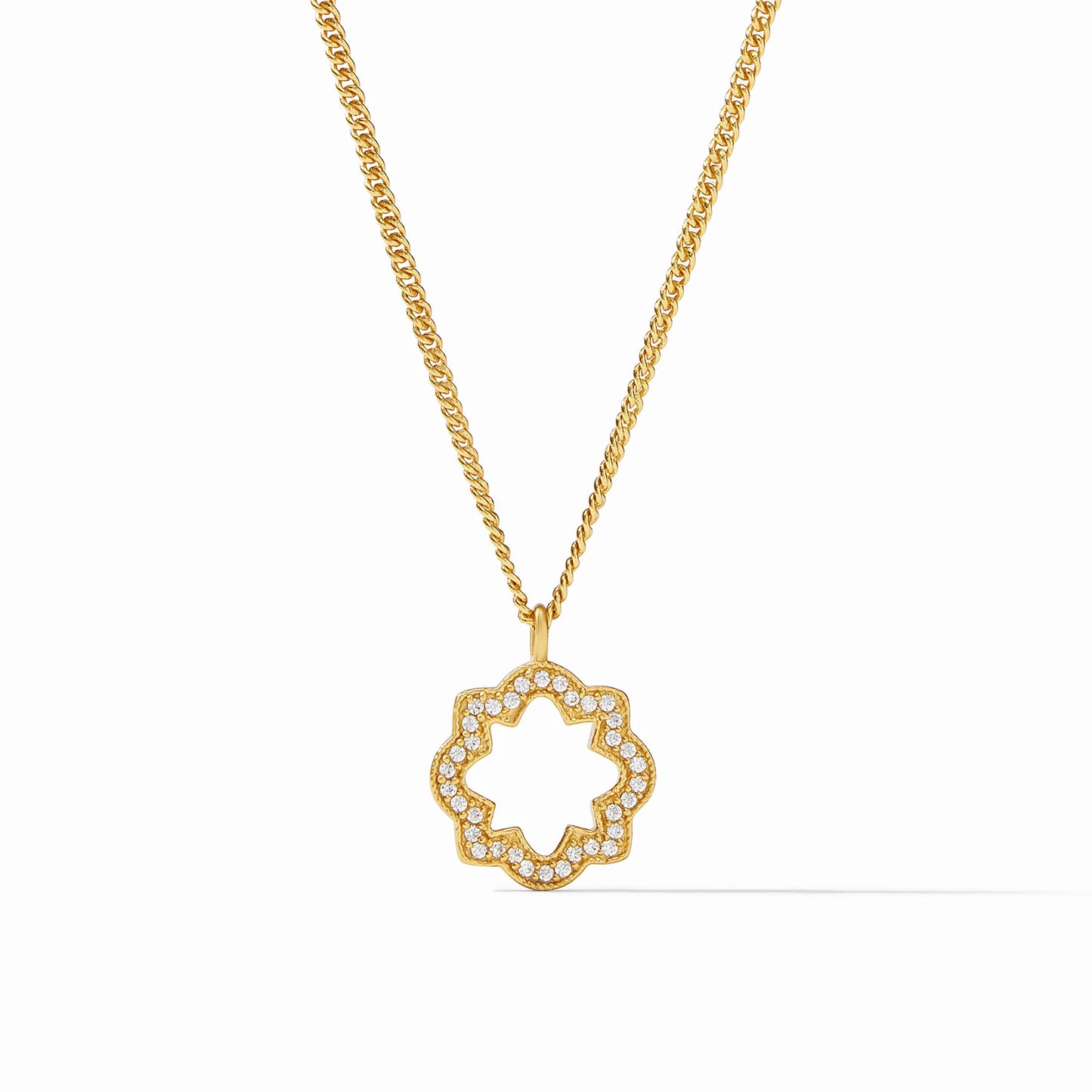 Odette Solitaire Necklace by Julie Vos. Pavé classic quatrefoil shape with a bit of negative center space. 24K gold plate, cubic zirconia, measures 16.5-17.5 inch adjustable length. Charm measures 0.7 inch length. Shop at The Painted Cottage in Edgewater, MD