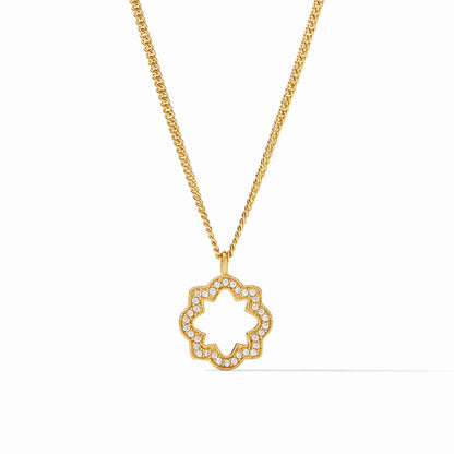Odette Solitaire Necklace by Julie Vos. Pavé classic quatrefoil shape with a bit of negative center space. 24K gold plate, cubic zirconia, measures 16.5-17.5 inch adjustable length. Charm measures 0.7 inch length. Shop at The Painted Cottage in Edgewater, MD