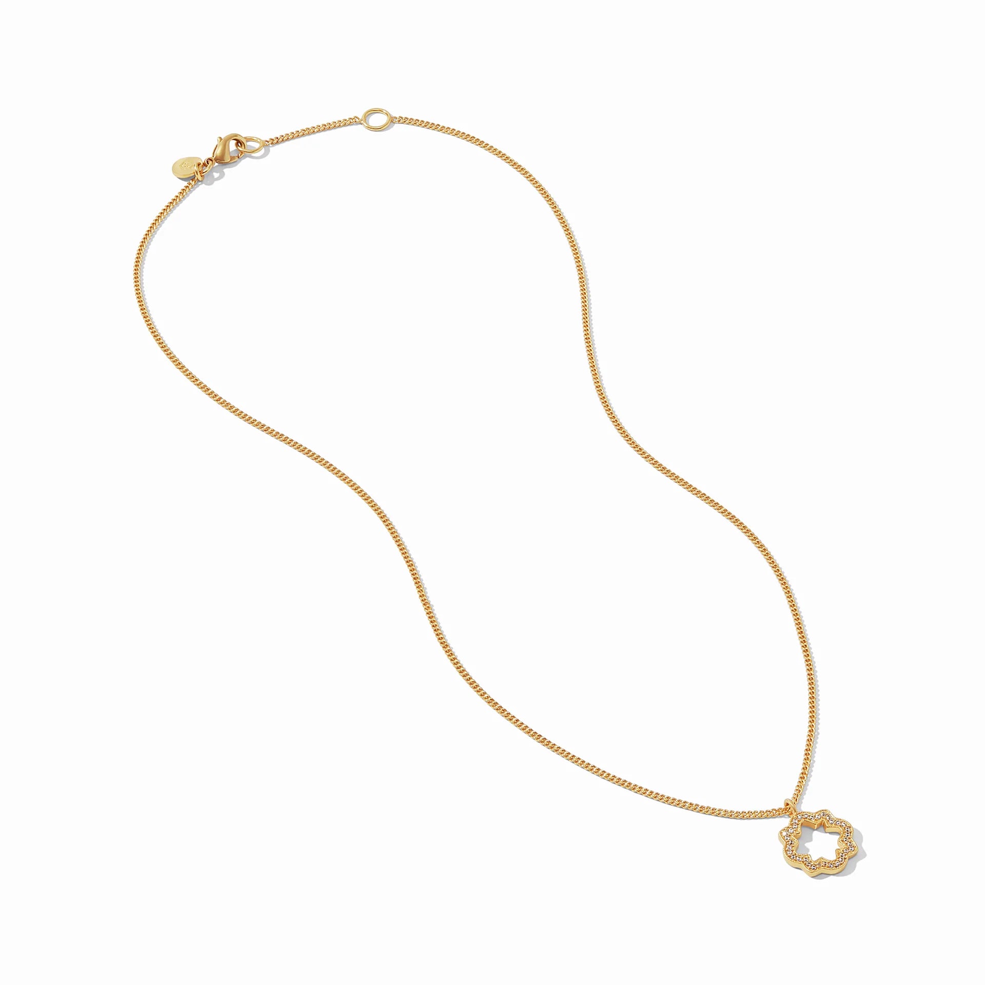 Odette Solitaire Necklace by Julie Vos. Pavé classic quatrefoil shape with a bit of negative center space. 24K gold plate, cubic zirconia, measures 16.5-17.5 inch adjustable length. Charm measures 0.7 inch length. Shop at The Painted Cottage in Edgewater, MD