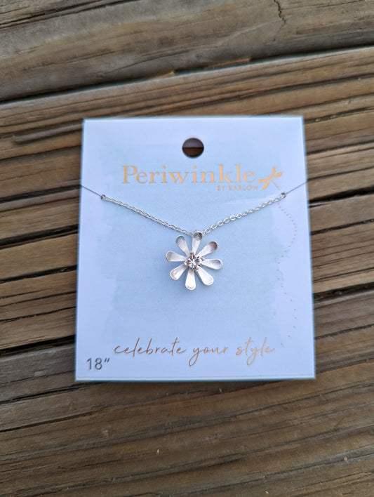 SILVER FLOWER W/ CRYSTAL NECKLACE