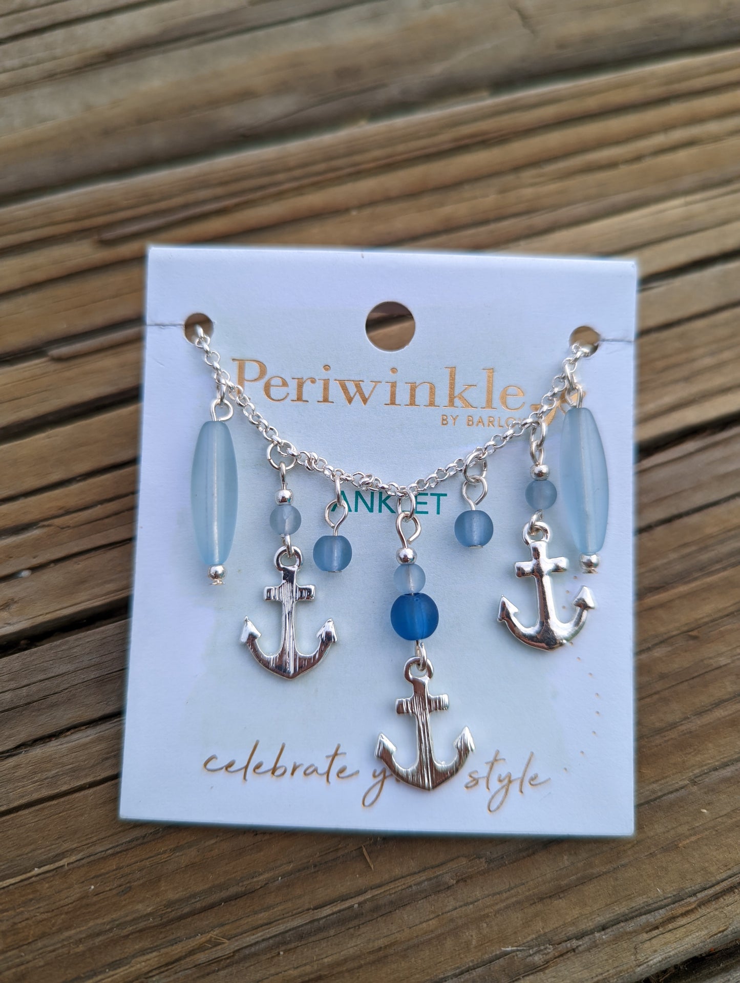 Silver Anchor With Blue Beads Anklet