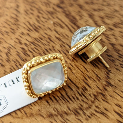 Marbella Stud Iridescent Clear Crystal by Julie Vos. A rectangular sparkling gemstone—catches the light and are surrounded by a gilded frame, .6 inches, 24K gold plate. Shop at The Painted Cottage in Edgewater, MD.