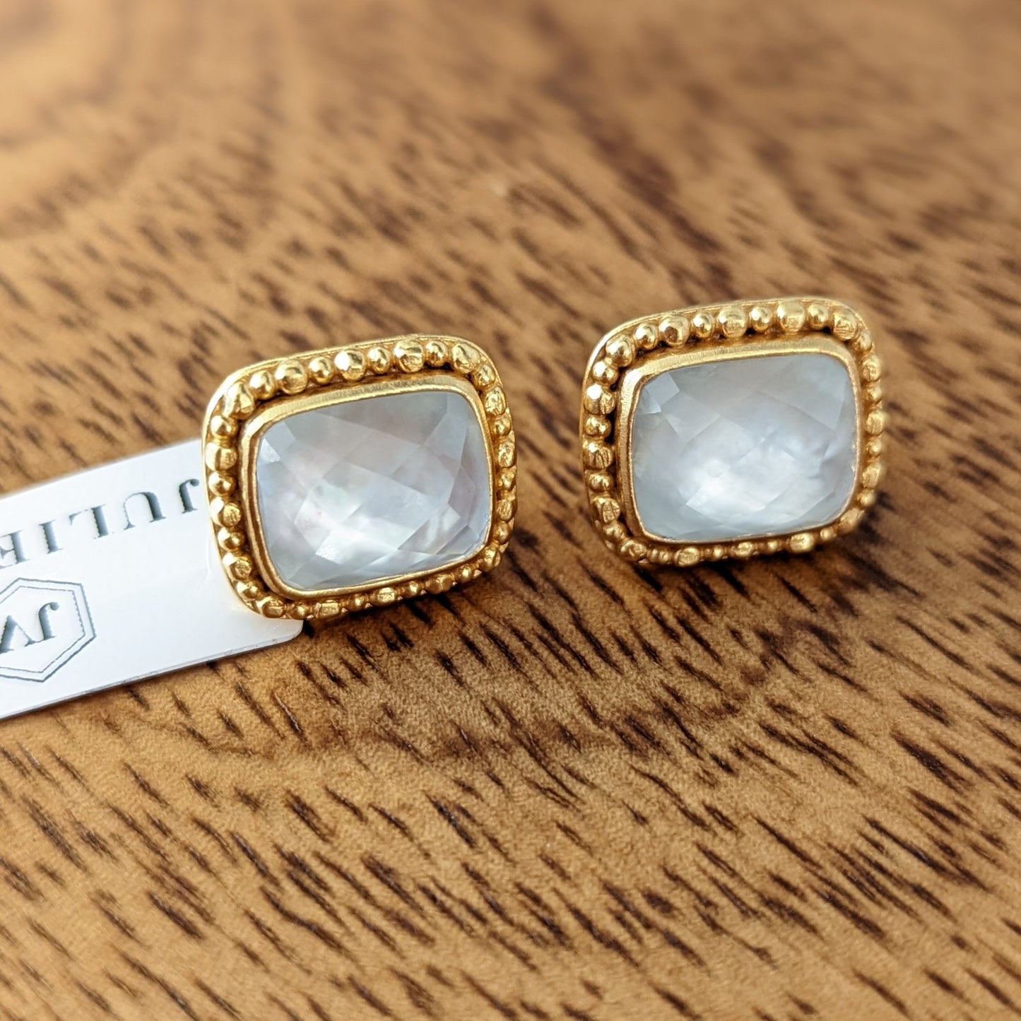 Marbella Stud Iridescent Clear Crystal by Julie Vos. A rectangular sparkling gemstone—catches the light and are surrounded by a gilded frame, .6 inches, 24K gold plate. Shop at The Painted Cottage in Edgewater, MD.