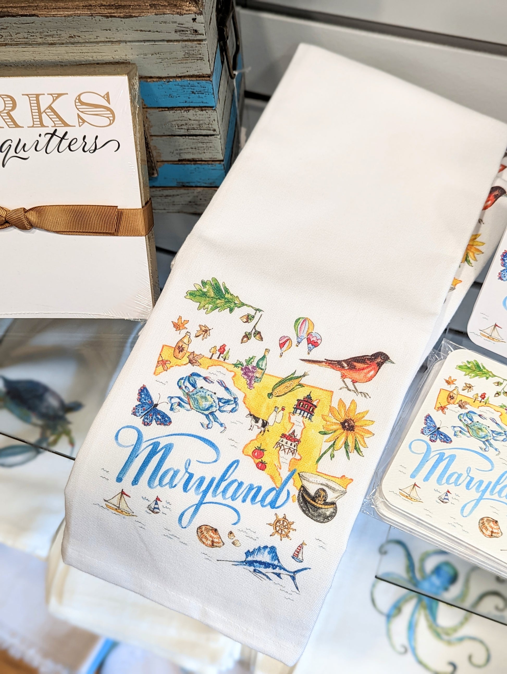 maryland blue crab state tea towel, cute gift ideas, home decor shop the painted cottage edgewater boutique store