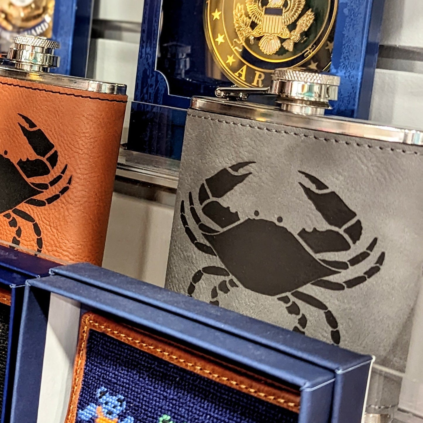 Leather Engraved Crab Flask | Grey