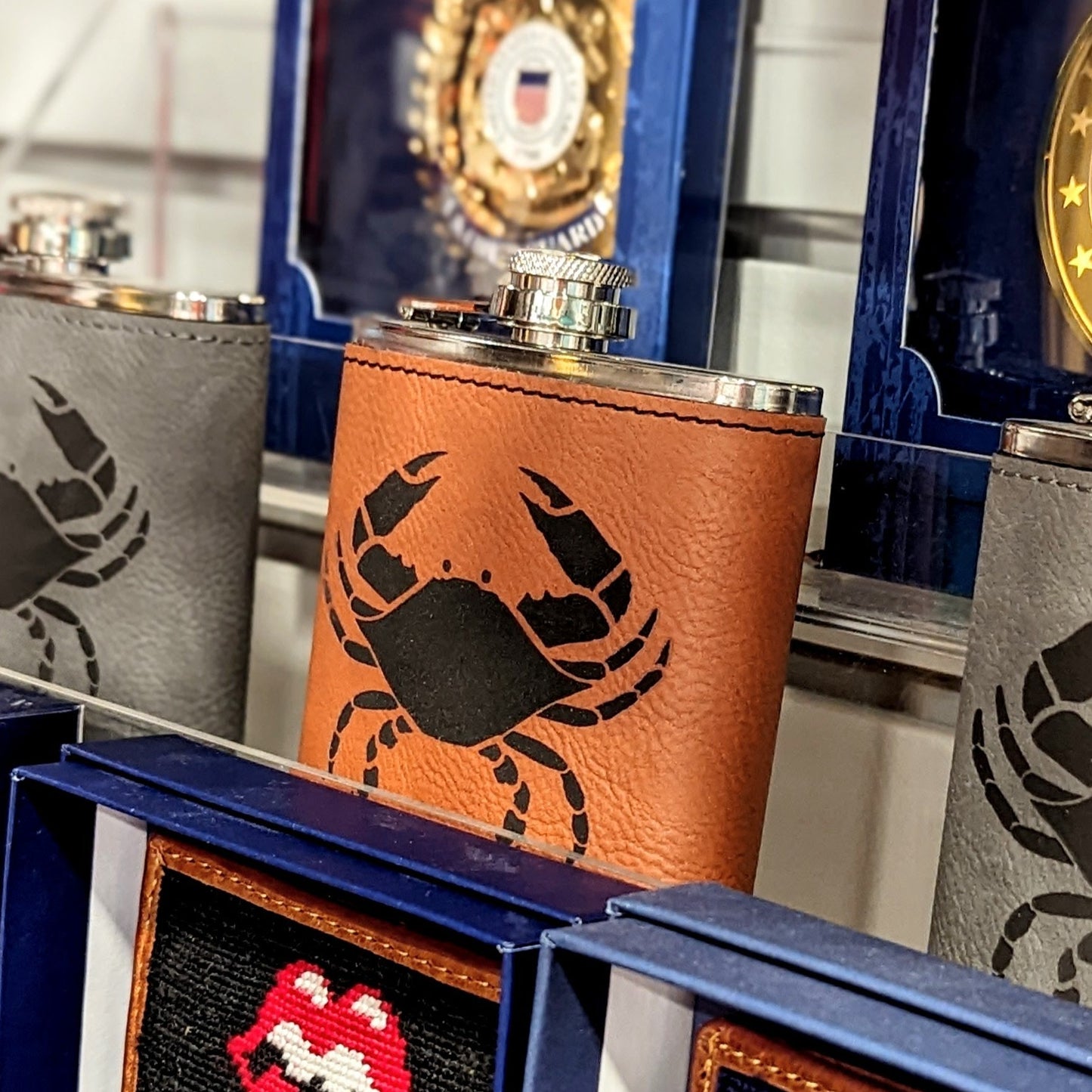 Leather Engraved Crab Flask | Brown
