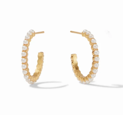 Juliet Hoop Gold Swarovski Pearl Small by Julie Vos. Delicate pearl-accented hoops. Small – 0.75 inches 24K gold plate. Shop at The Painted Cottage an Annapolis boutique.