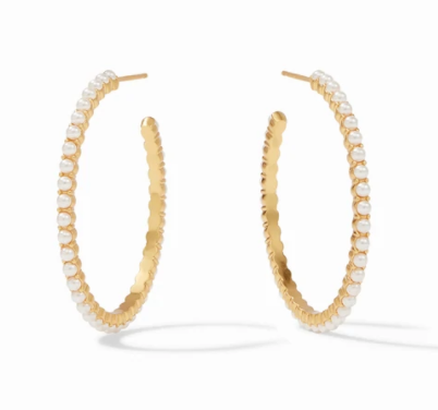 Juliet Hoop Gold Pearl Medium by Julie Vos. Delicate pearl-accented hoops.  Medium - 1.25 inches 24K gold plate. Shop at The Painted Cottage an Annapolis boutique.